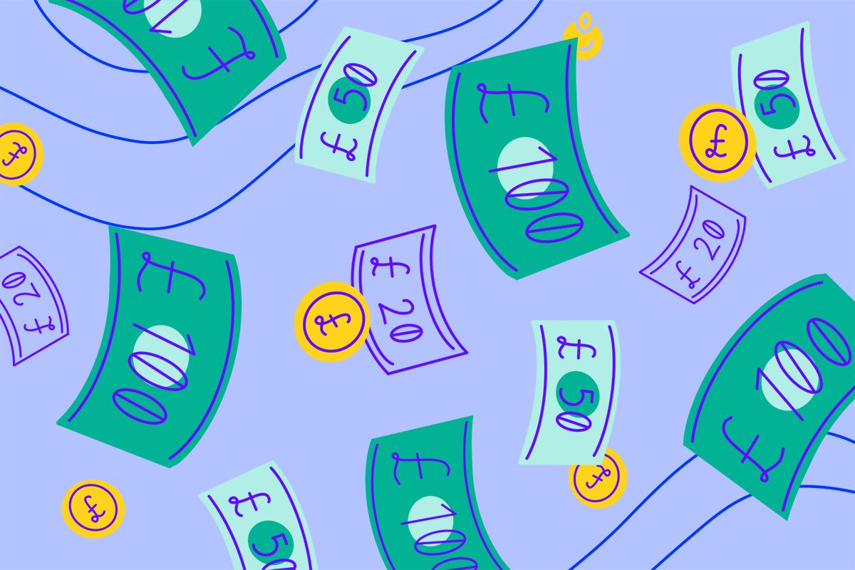money rains down from the sky, symbolising a millionaire