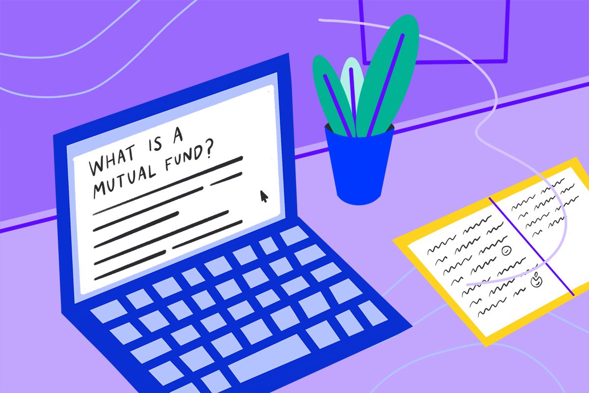 an illustration of an open laptop, with research being conducted into investing