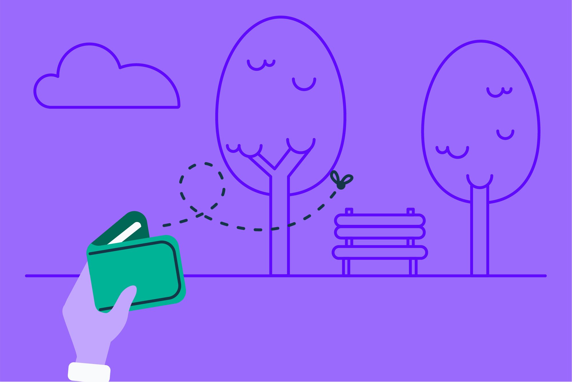 an illustrated hand opens their purse / wallet, to show they have no money