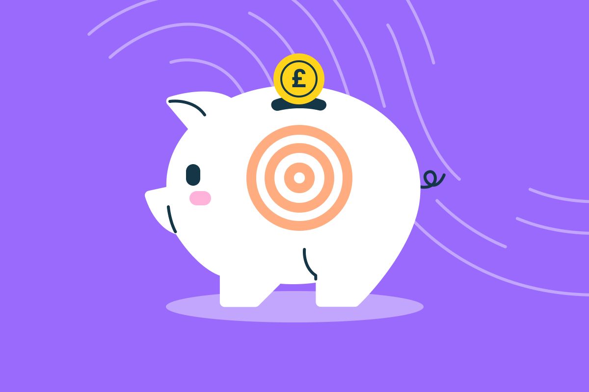 an illustrated piggy bank shown with a target