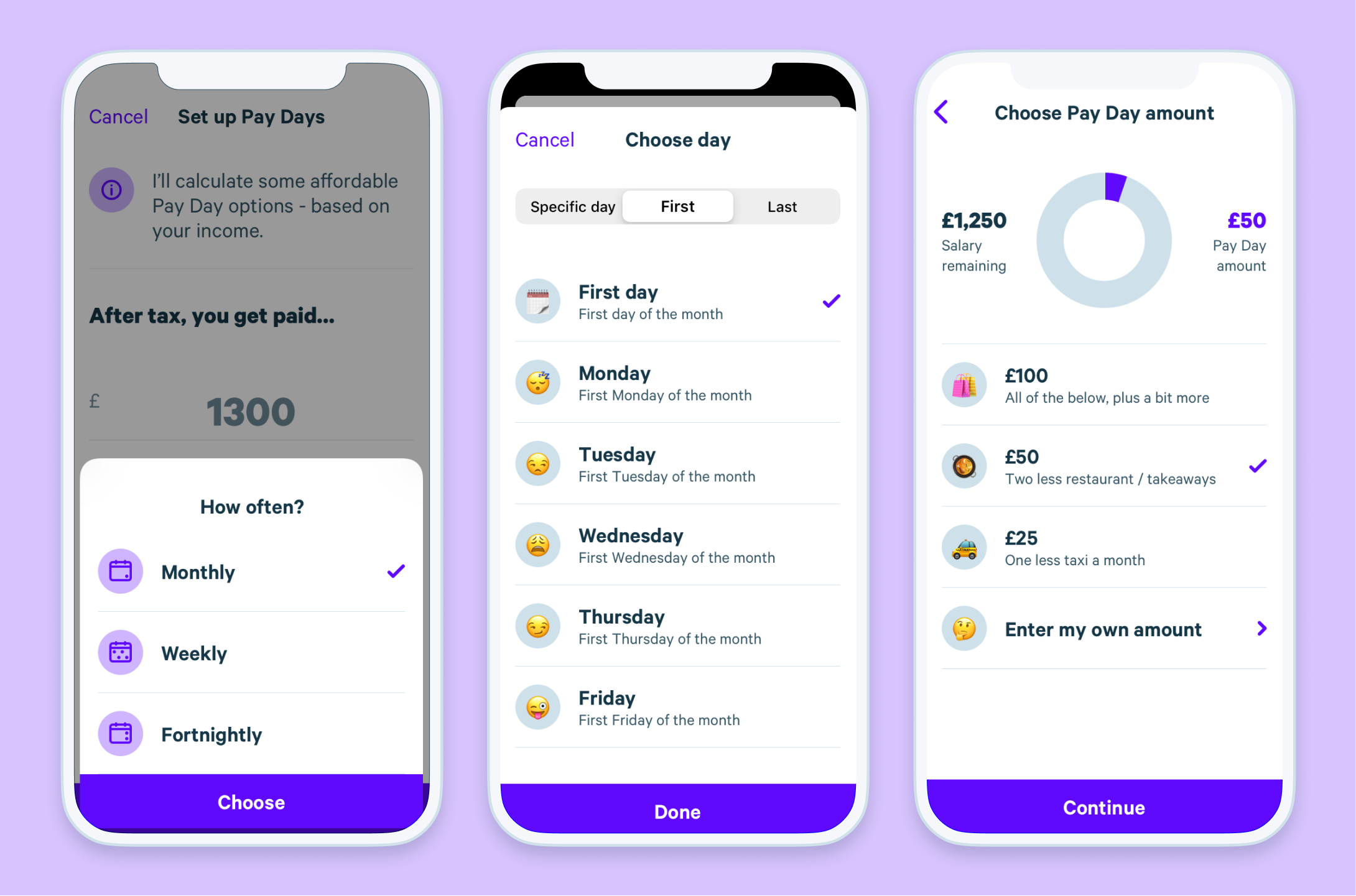 App UI shows Plum's Pay Days saving rule